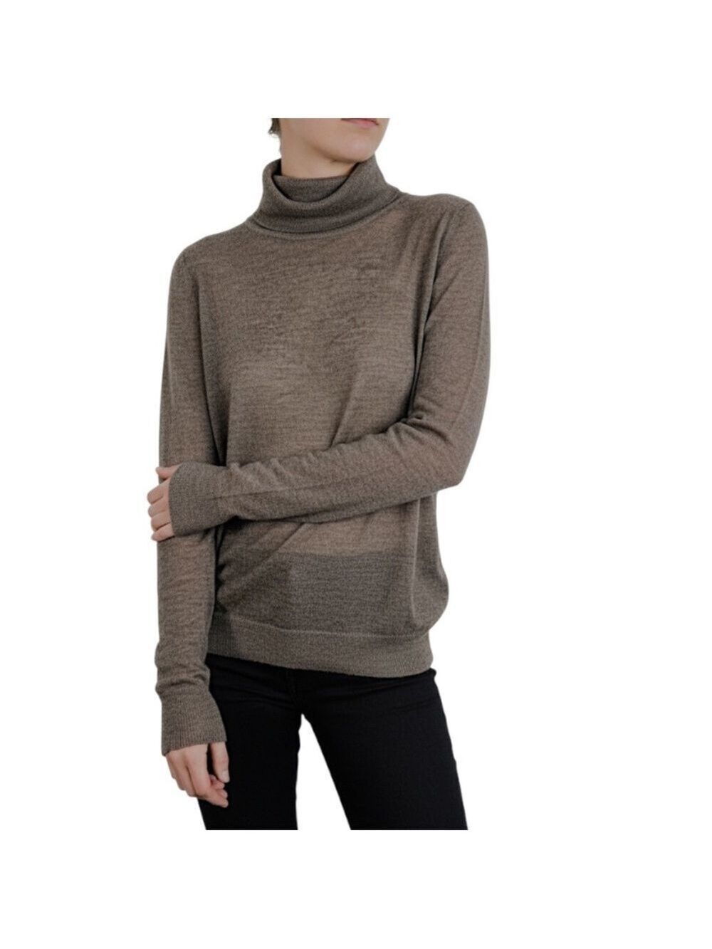MOU Italy brown wool alpaca lightweight sheer classic turtleneck sweater XS